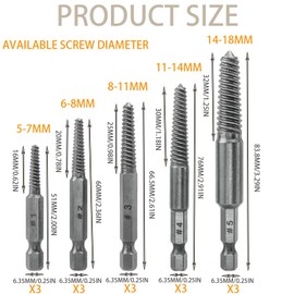 Screw Extractor Drill Bit Set, 15Pcs Screw Remover and Extractor Bit Set, 1/4" Hex Shank Broken Screw Extractor, 5 Sizes Stripped Screw Removal Tool for Removing Broken Bolts, Studs(5 Size)