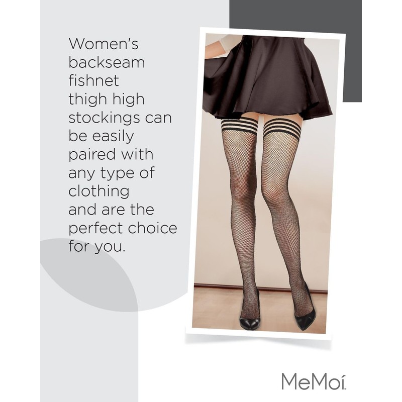 MeMoi Women's Backseam Fishnet Thigh High Stockings Black/Black Medium/Large