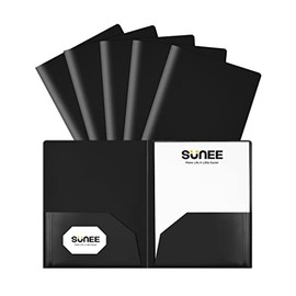 SUNEE 2 Pocket Folders (6 Packs, Black) Heavy-Duty Plastic Folders with Pockets, fit 8.5x11 Letter Size Paper, 2-Pocket File Folders for Kids, Home, School, Office