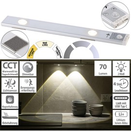 Lunartec Küchenlampe: Akku-LED-Unterbauleuchte, CCT, 2 Lichtkegel, 70 lm, Bewegungssensor (LED Schrankbeleuchtung, Akku LED Lichtleiste, Lampe mit Bewegungs Melder)