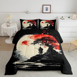 Feelyou Japanese Samurai Comforter Set Queen Size Kids Warrior Moon Tree Bedding Set for Boys Girls Teens Bushido Comforter Breathable Japanese Ukiyoe Duvet Set Room Decor Quilt Set