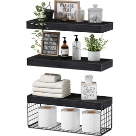 QEEIG Bathroom Shelves Over Toilet - Wall Mounted Floating Shelves Toilet Paper Storage Small Farmhouse Decor Shelf 16 inch Set of 3, Black (019-B3)