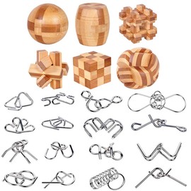 XUANSHUO Brain Teaser Puzzles Set 3D Interlocking Jigsaw Games -IQ Test Mind Game Brain Teaser Magic Trick Toy for Kids and Adults (Wooden&Metal Puzzles 22pcs)