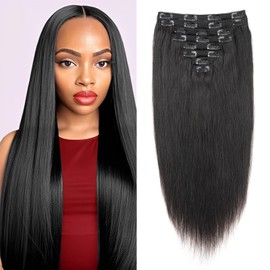 Straight Clip-In Real Hair Extensions, 8 Pieces, 120 g, Invisible Real Hair Wig Extensions, Clip-In Natural Black Clip Ins for Black Women, 24 Inches, 18 Clips