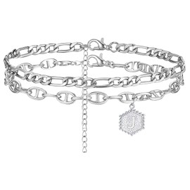 2PCS Silver Initial Ankle Bracelets for Women Dainty Double Layered Cuban Link Anklets for Girls Beach Foot Jewelry (J)
