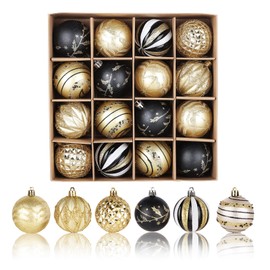 Christmas Baubles 16 Pieces Plastic Christmas Baubles: Christmas Tree Baubles Plastic Small Christmas Tree Baubles with Lanyard for Christmas Decorations (Black & Gold)