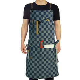 Stenffy Fashion Checkered Denim HandWork Apron for Hairstylists, Chefs, Bartenders, Baristas, Artists, Men and Women (Extra Large)