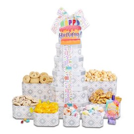 Alder Creek Gift Baskets Birthday Celebrations 7 High Gift Tower with Cookies, Candy, and other Treats for His or Her Birthday