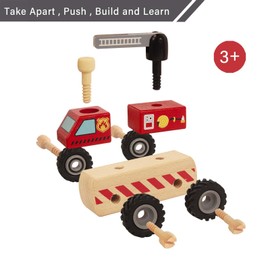 WoodenEdu Construction Vehicles for Toddlers, 2 Pcs Wooden Detachable Assemble Cranes and Tractor, Kids Vehicle Toys Hand Push Car Toys for 3 Years Old Boys Girls