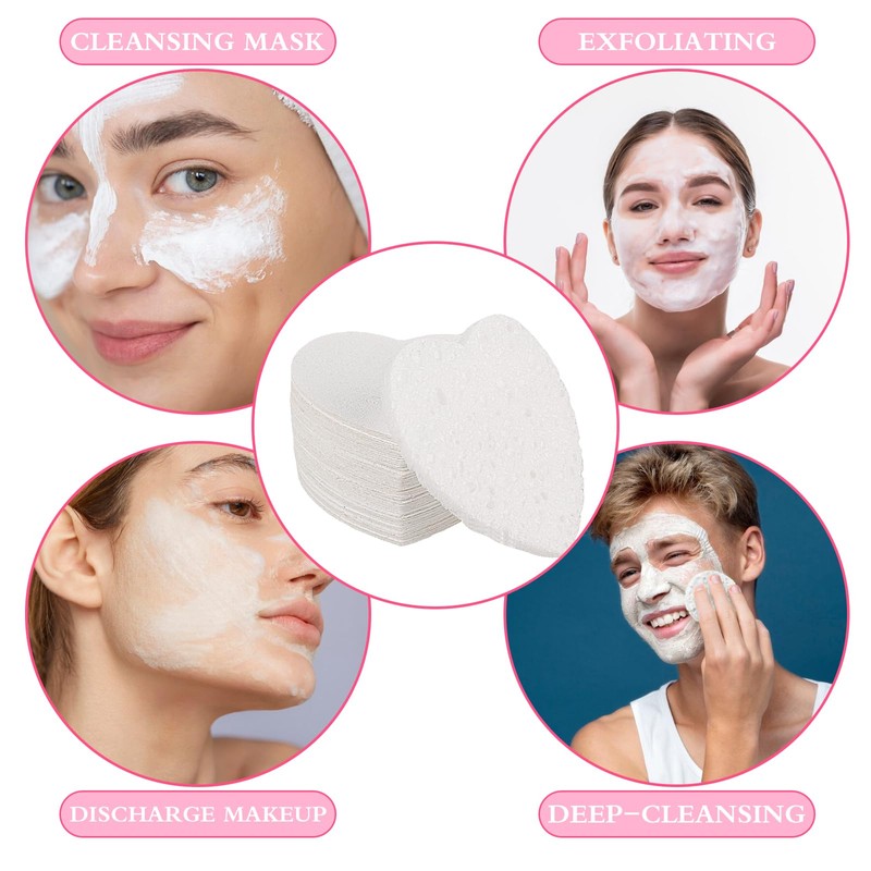 Pack of 60 White Heart Face Sponge for Cleaning and