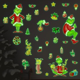 Glow in The Dark Christmas Wall Decal Green Luminous Christmas Wall Stickers Removable Christmas Window Cling Christmas Party Supplies for Holiday Christmas Decoration