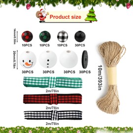 180pcs Christmas Wooden Beads, Christmas Snowman Wooden Bead Winter Buffalo Plaid Beads Buffalo Print Christmas Decorations with DIY Twine Scarf for Craft Garland Party Decor
