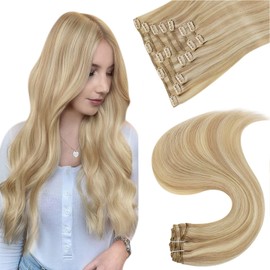 Easyouth Blonde Clip in Extensions Human Hair 14 Inch Clip in Hair Extensions Highlight Color 27 Honey Blonde and 613 Blonde Hair Extensions Human Hair Clip ins Double Weft 70g/7pcs
