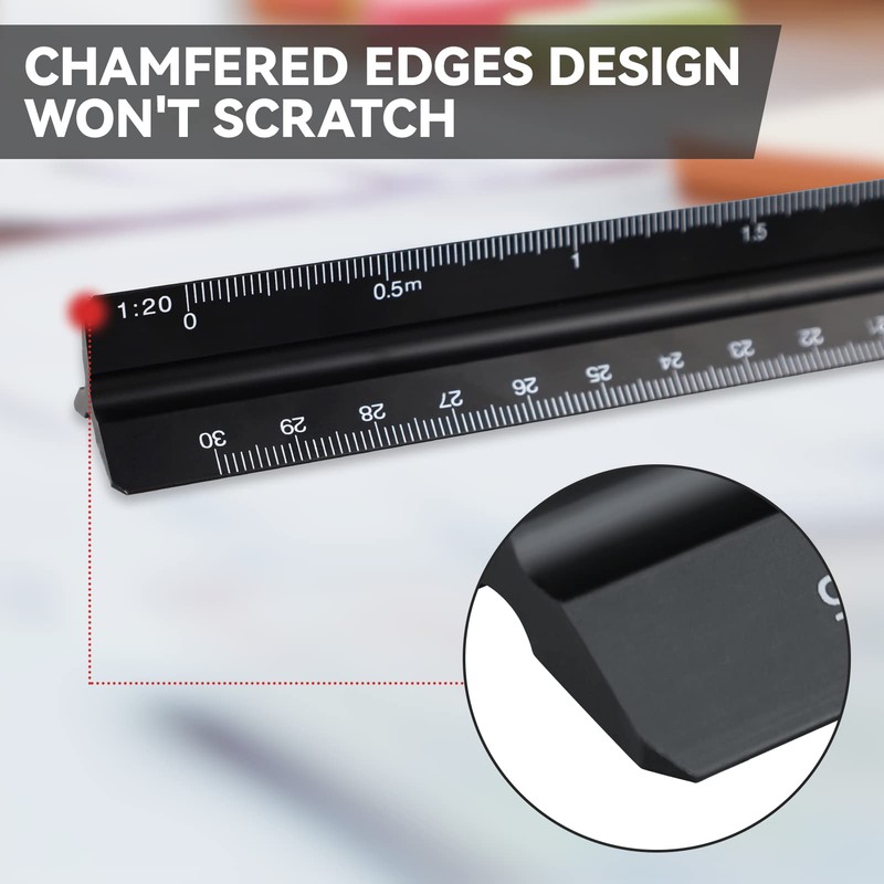 Triangular Scale Ruler 30 cm, Metal Ruler for Architects, 1:20,