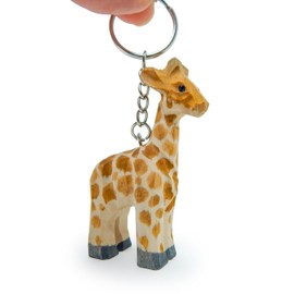 Selsela Giraffe Safari Zoo Keychain Ring Clip Charm Miniature Wood Mini Figurine Small Animal