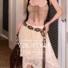 LumiSyne Vintage Western Belts Women Wide Disc Leather Belt Studded Lacing Style Cowgirl Waist Belt y2k Grunge Accessories