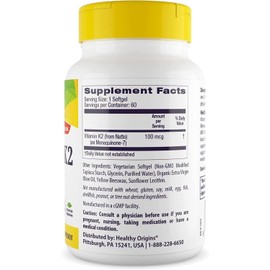 Healthy Origins Vitamin K2 100 mcg (MK-7, Non-GMO, Gluten Free, Cardiovascaular Support, Bone Support), 60 Veggie Gels