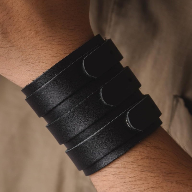 Mens Leather Wide Band Handmade Triple Strap Cuff Medieval Wrap