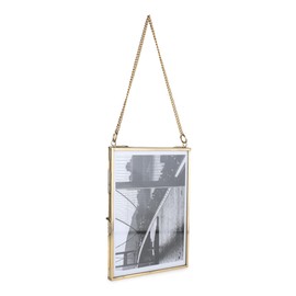 Fenzo Vintage Style Portrait Brass & Glass Hanging Frames for Photos, Artwork, & Pressed Leaves, Floating Display Frames, Elegant Design for Home Living Room Decor (Gold, 5X7 Portrait)