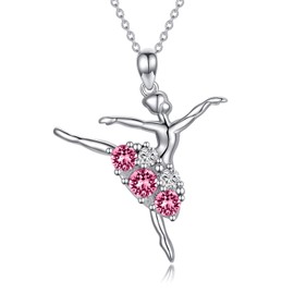 Ballerina Necklace Sterling Silver Ballet Dancer Pendant Jewelry with Pink Birthstone Crystals, Ballet Themed Dancer Gifts for Girls Women