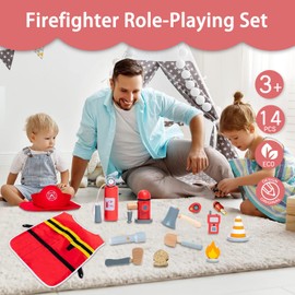 UMU Wooden Firefighter Transformation Toy Set Toddler Pretend Play Toddler Halloween Costume with Firefighter Equipment Role Play Fire Chief Costume for Ages 3+