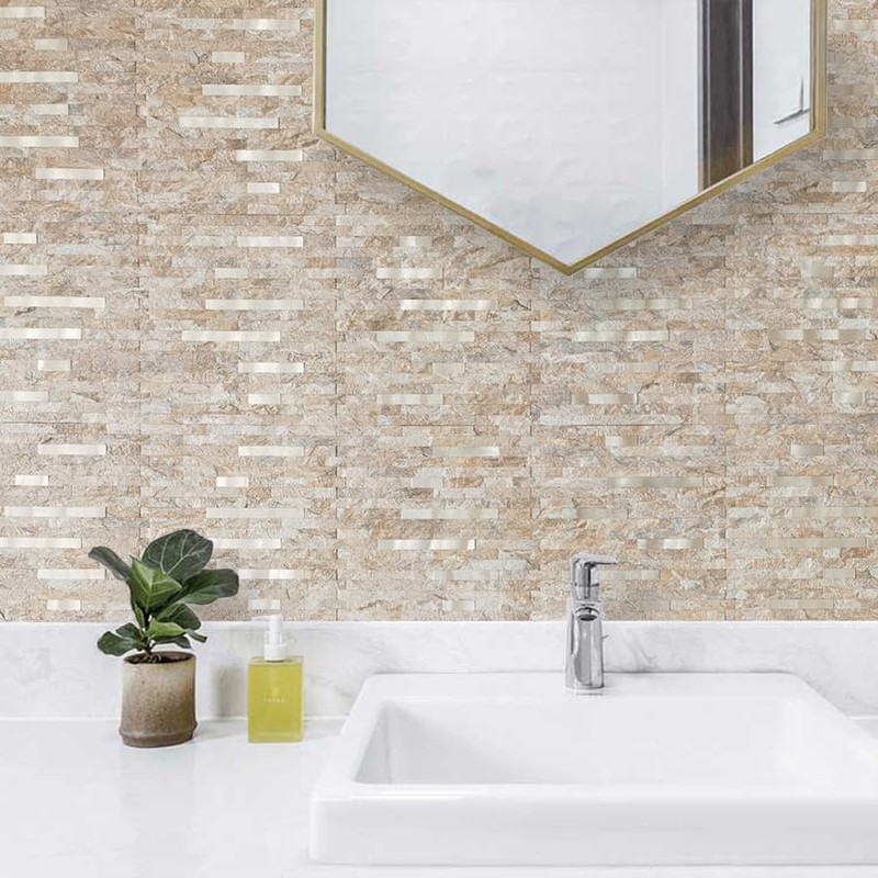 AULIGET Faux Stone Peel and Stick Backsplash, Sandstone with Metal
