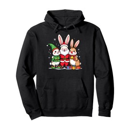 Cute Christmas Rabbits in Santa Elf and Reindeer Costumes Pullover Hoodie