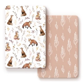 GRSSDER Stretchy Ultra Soft Jersey Knit Fitted Pack n Play Sheets Set 2 Pack, Fit Portable/Mini Crib, Playards Mattress Pads Safe and Snug, Pretty Fox for Baby Girls, CC329, Darksalmon
