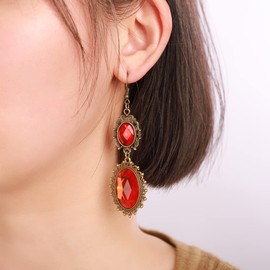 Kercisbeauty Red Crystal Dangle Drop Retro Gold Earrings for Women Girls Old Fashion Vintage Royal Jewelry