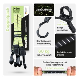 Set of 2 Rubber Tensioning Straps, Adjustable, Reflective, Broadband Expander with Metal Hooks, Heavy Duty, for Car, Bicycle and Outdoor Activities (10 Colours, 4 Lengths) (60 cm, Fireflies)