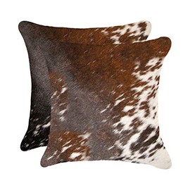 Set of 2, Natural Torino Cowhide Throw Pillows with Poly Insert | Kobe Accent Pillows Handcrafted from 100% Cow Hide, S&P Brown & White, 18 in x 18 in