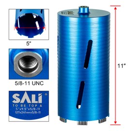 SALI Diamond Core Drill Bits 5" Diameter 10"/254mm Drilling Depth 5/8-11" Thread Core Bit Turbo Laser-Welded Segments for Cured Concrete with, Brick, Block, Masonry, with Two Adapters