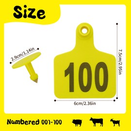 Cattle Ear Tags, Large Plastic Livestock Ear Tag for Sheep Cattle Calf Hog with Number 001-100/101-200/201-300, Animal Identification Ear Tags (Yellow, 001-100)