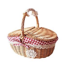 Outdoor Picnic Basket Rattan Willow Flower Basket Shopping Hotel Cleaning Tools Basket Rustic Basket with Lid (Red)