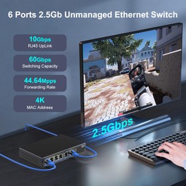 6-Port 10G/2.5G Ethernet Switch with Dual 10GBASE-T, Vimin 4X 2.5G +2 x 10Gb RJ45 Ports Unmanaged Switch, 60Gbps Capacity, 10G Switch Desktop/Wall Mount Network Switch for NAS, PC, Wireless AP