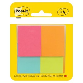 Post-it Notas Adhesivas, Coleccin Capetown, 3.8 cm x 5.1 cm, 4 pads, 50 hojas por pad                                                                 