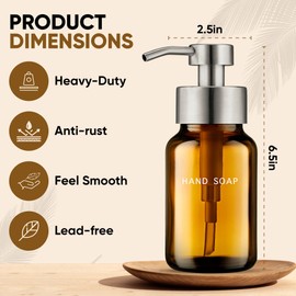 Mervelo 8.5oz Amber Glass Liquid Soap Dispenser - Refillable Pump Dispenser for Kitchen Sink & Bathroom Set - 2-Pack Stainless Steel - Ideal for Liquid Soap, Dish Soap & Hand Soap Essentials