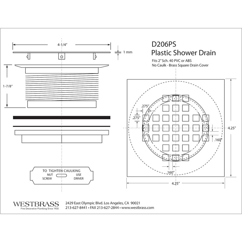 Westbrass 2" Sch 40 PVC Shower Drains with 4-1/4" Square