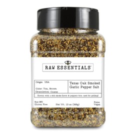 Raw Essentials Texas Pit Oak Smoked Garlic Pepper Salt - Steak and Chop Seasoning - Great on Beef, Chicken, Pork and Vegetables - Vegan, Paleo, Non-GMO, Gluten Free -13 Ounce Bottle