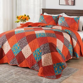 Qucover Queen Quilt Bedding Set, 3 Piece Multicolour Patchwork Print Orange Bedspreads Queen Size, Reversible Lightweight Quilts Set, Soft Microfiber Fall Quilt, Autumn Quilt, All Seasons