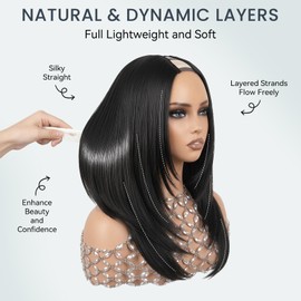Yaki Straight Layered V Part Wigs for Black Women Long Straight V Shape Wigs Synthetic Half Wig Wear and Go Glueless Wig No Leave out Clip in Hair Daily Use