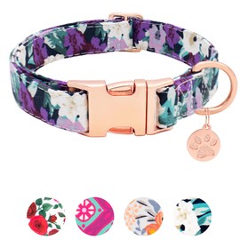 HSIGIO Soft Cotton Dog Collar, Adjustable Durable Dog Collar with Metal Buckle, Purple Floral with Pendant Girl Boy Dog Collars Gift for Small Medium Large Dogs, S