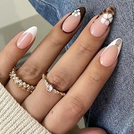 Uñas postizas cortas de almendra, prensa francesa, cobertura completa, acrílico, estampado de leopardo, margaritas, para mujer, 24 unidades