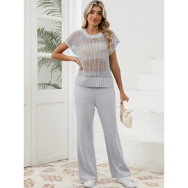 OUKODS Women Two Piece Outfits Crochet Sheer Knit Sweater Top Wide Leg Pants Lounge Matching Sets Sweatsuit Travel Clothes