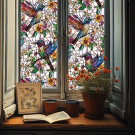 ANATTASOUL Static Window Clings Hummingbird Flowers 1 Sheet Reusable Window Decals for Glass, 47.24" x 11.8" Removable Double Sided Window Sticker for Room Office Home Decoration