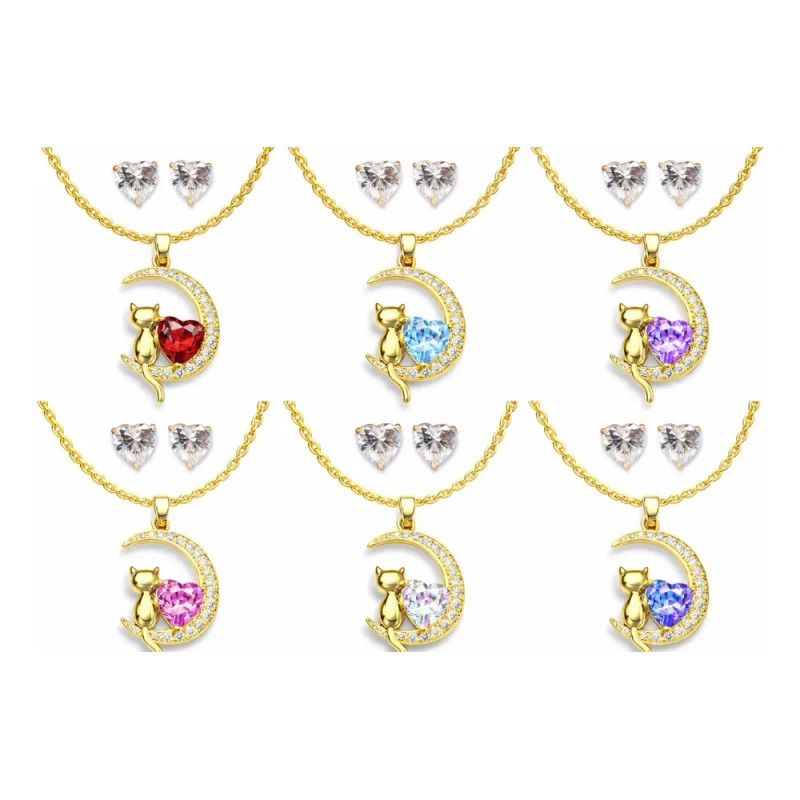 Joyawish - Set Collar Gato Luna + Aretes Regalo Mama