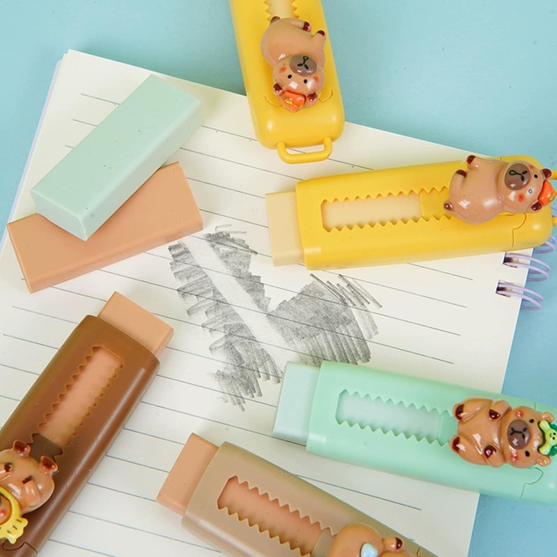 2 Pcs Retractable Pencil Eraser Cute Capybara Sliding Push Pull
