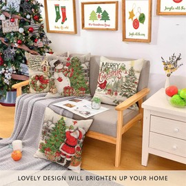 Hangood Christmas Cushion Covers Set of 4 pcs XMAS Design Home Decoration XMAS Throw Pillow Case Cover 18x18 inches 45cm x 45cm Vintage Snowman Santa Tree