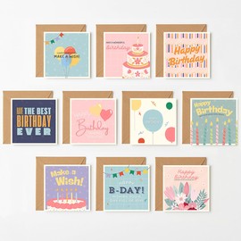 Hippowarehouse Happy Birthday Card Pack 10 Cards square 150mm with envelope for him for her Funny for Men and Women Blank inside unisex Different designs