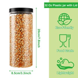 LISHINE 8 Pack 32 oz Plastic Jars with Lids Clear Airtight Food Storage Jars with Lids Reusable Round Empty Plastic Cylinder Container with Black Lids for Kitchen Food & Home Storage of Cookie